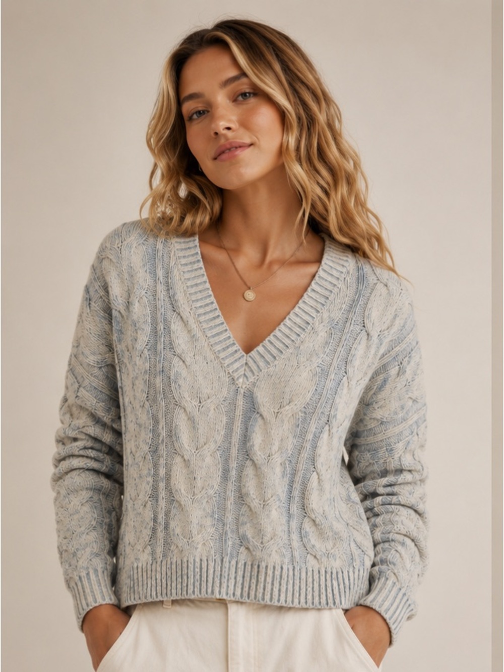 Free People Chunky Cable Knit V-Neck Preppy Sweater in Cream and Light Blue XS